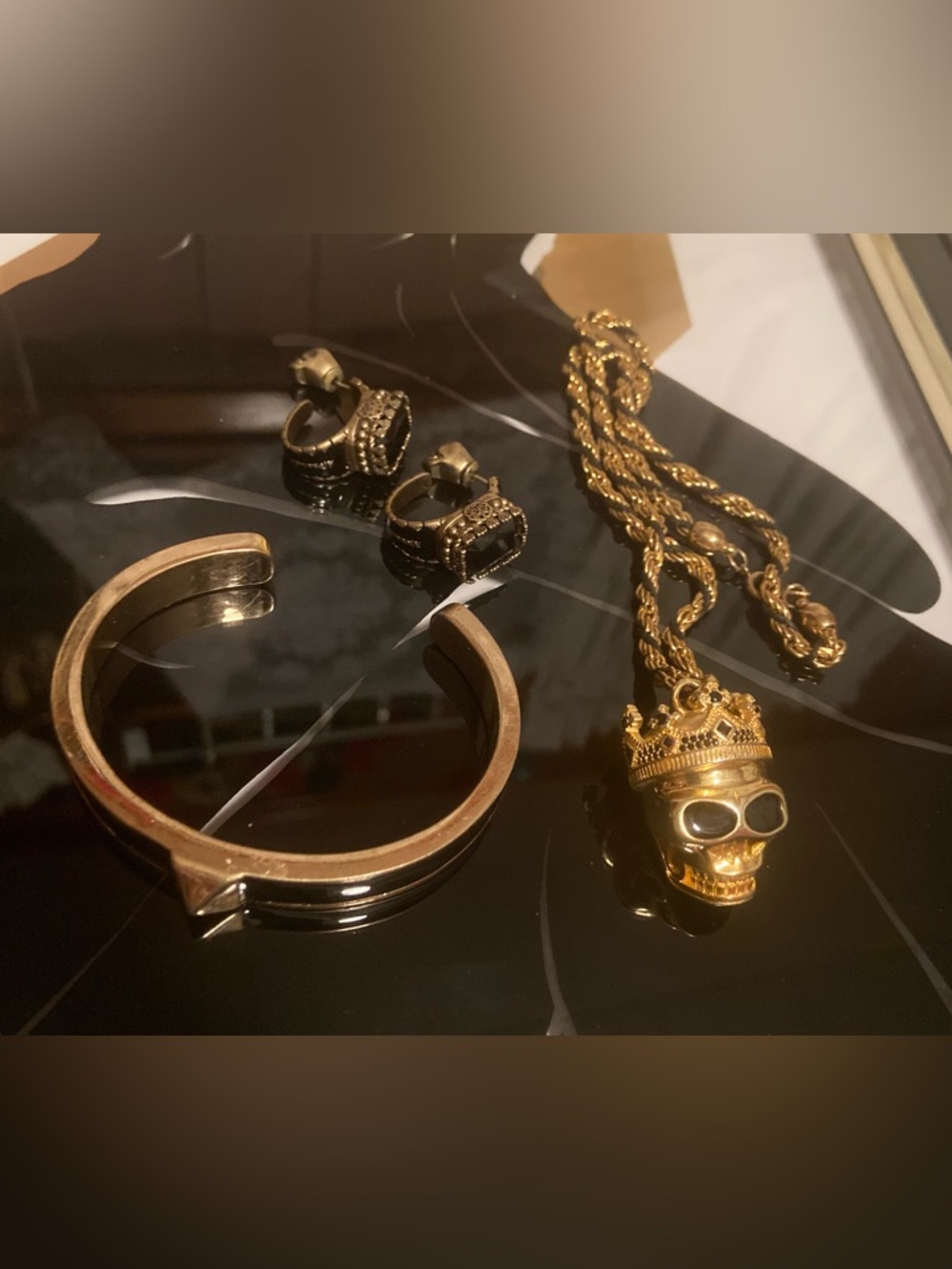 925 Gold Skull Pendant Necklace w/Bracelet and Alexander McQueen Earrings #32